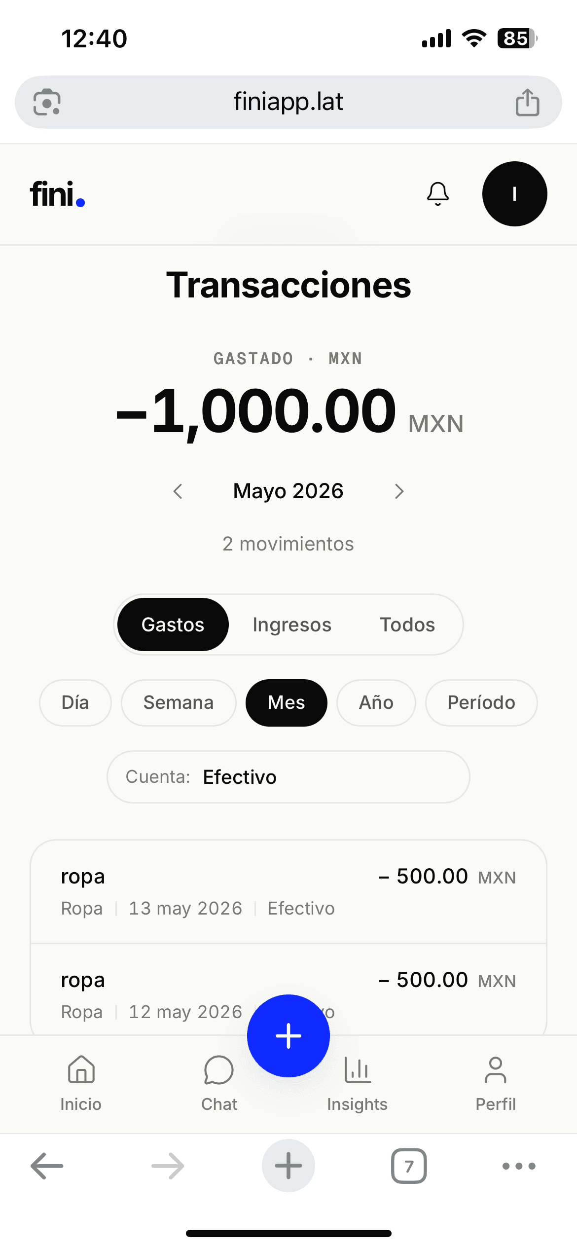 Vista de gastos en el dashboard de Fini con detalle por transacción y categoría