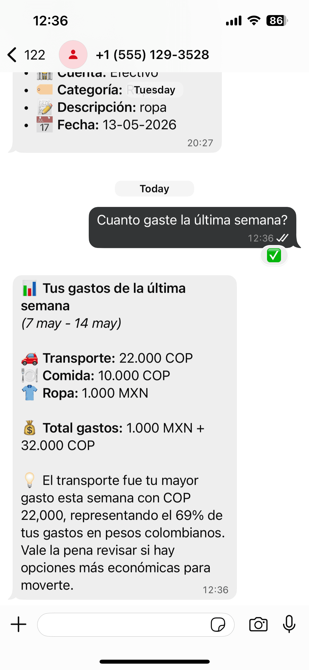 Fini mostrando el reporte de gastos de la última semana